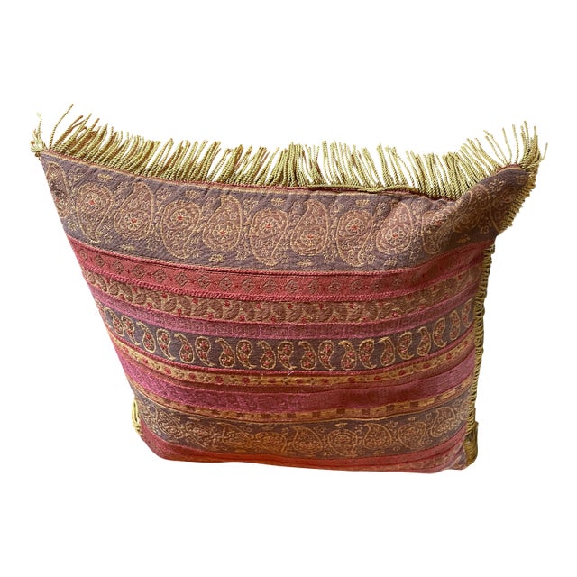 Arhaus Cotton Orange/Red Paisley Greek Key With Gold Fringe Down Throw Pillow For Sale