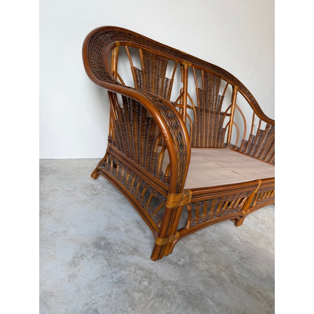 Vintage Coastal Organic Bohemian Rattan & Leather-Wrapped Loveseat For Sale - Image 9 of 12