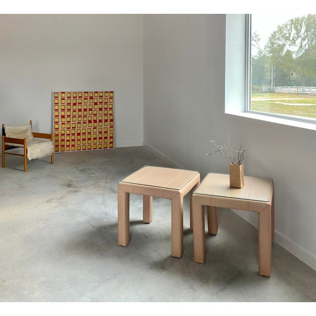 Postmodern Leather Parsons Side Tables A pair of genuine leather wrapped side tables with protective glass tops. Whimsical...