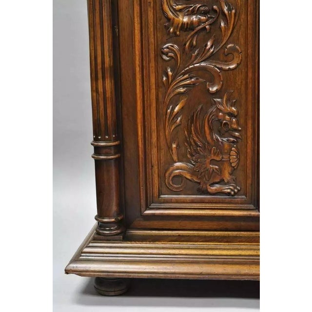 Wood Gothic Renaissance Revival Carved Walnut Dragon Griffin Sideboard Buffet Cabinet For Sale - Image 7 of 12