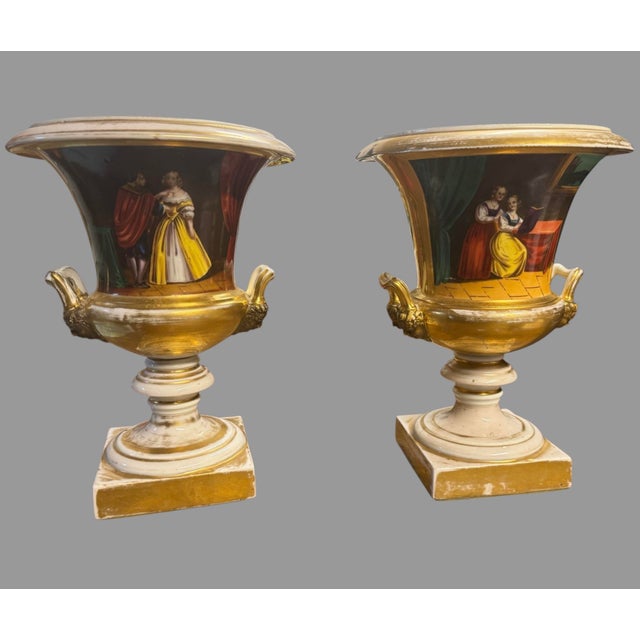 Antique Old Paris Porcelain Pair Urn Cachepots Hand Painted Figural Floral Gilt For Sale - Image 9 of 9