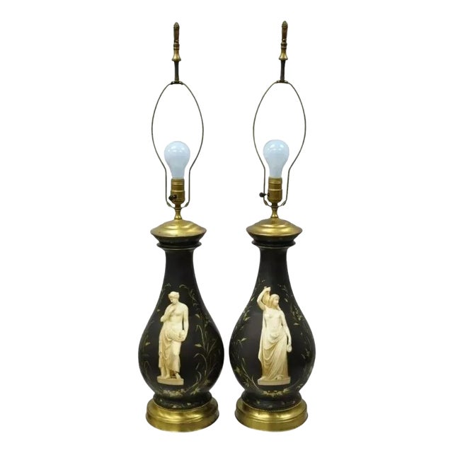 Antique French Neoclassical Black Porcelain Classical Bulbous Table Lamps - Pair For Sale