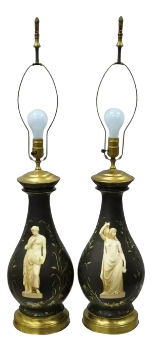 Antique French Neoclassical Black Porcelain Classical Bulbous Table Lamps - Pair