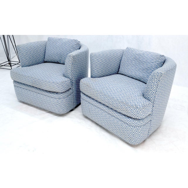 Pace Collection Pair of Blue & White Upholstery Vintage MCM Barrel Back Swivel Chairs For Sale - Image 4 of 13