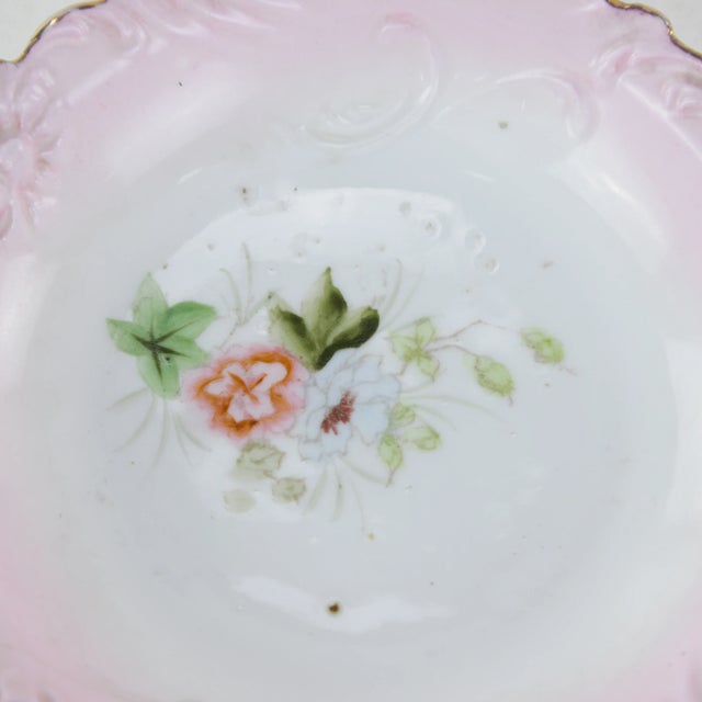 Ceramic Victorian Pink and Gold Porcelain Dessert Dish - Hand-Painted Floral Bowl For Sale - Image 7 of 8