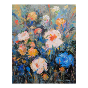 White Blue Yellow Wild Flowers Painting on Canvas.