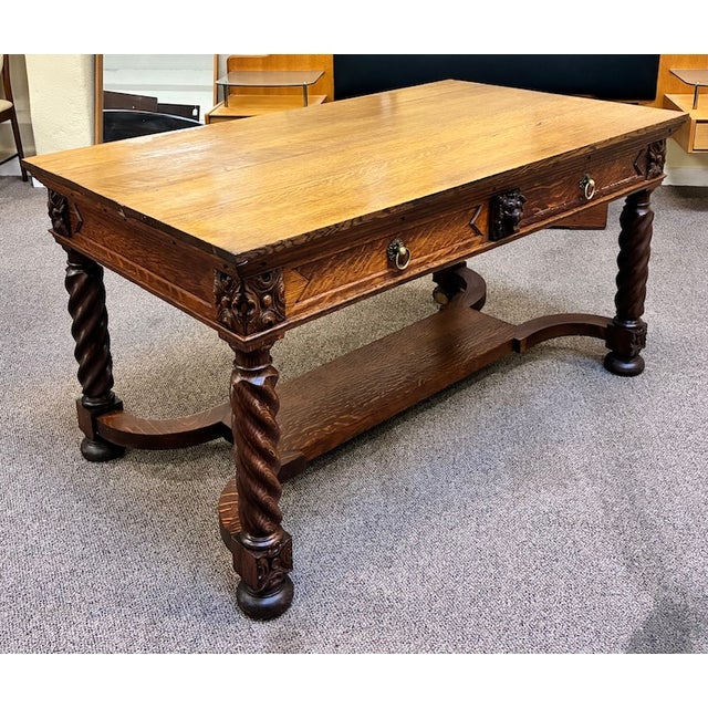 American Solid Oak Library Table With Drawers C 1900 For Sale - Image 3 of 10