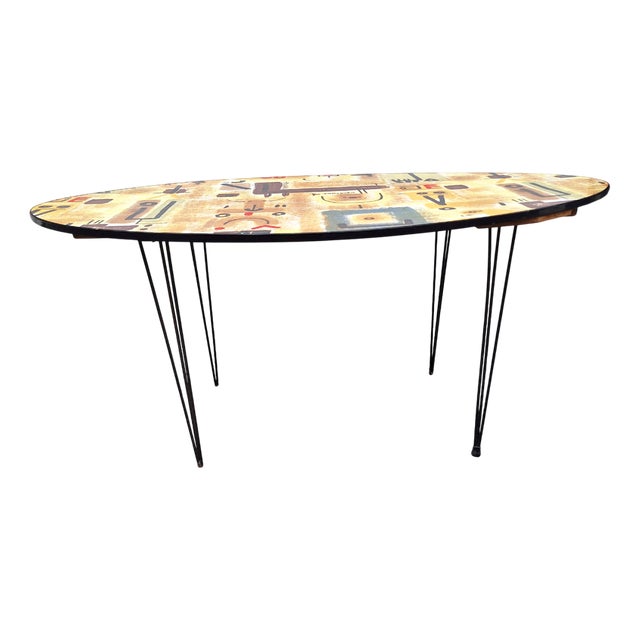 Coffee Table with Iron and Brass Legs, Silkscreened Wooden Top with Gio Pomodoro Design, 1950s For Sale