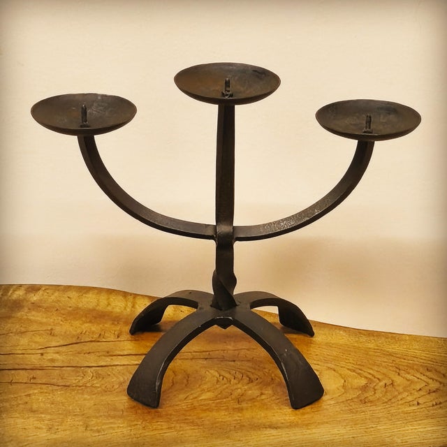 Metal Brutalist Three-Light Chandelier in Hammered Wrought Iron, France, 1960s For Sale - Image 7 of 16