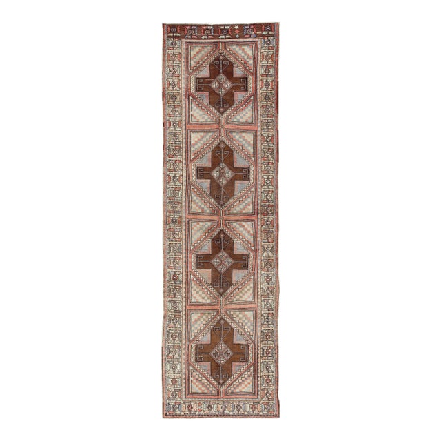 Multicolored Vintage Long Turkish Oushak Runner With Cross Shapes Design For Sale