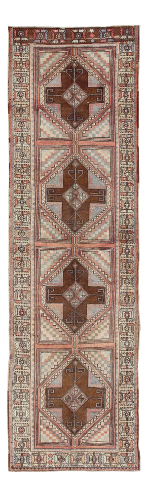 Multicolored Vintage Long Turkish Oushak Runner With Cross Shapes Design