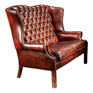 1950s Vintage Tufted Leather Wingback Loveseat in Oxblood For Sale