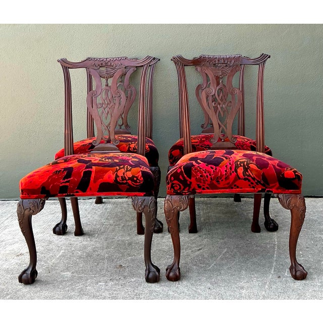 Vintage Hand Carved Chippendale Dining Chairs in 80s Yves St Laurent Printed Velvet - Set of 4 For Sale - Image 9 of 12