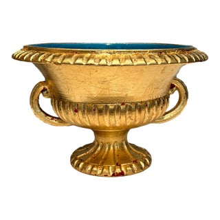 Vintage Italian Gold Leaf Footed Urn Bowl With Blue Interior Signed & Numbered For Sale
