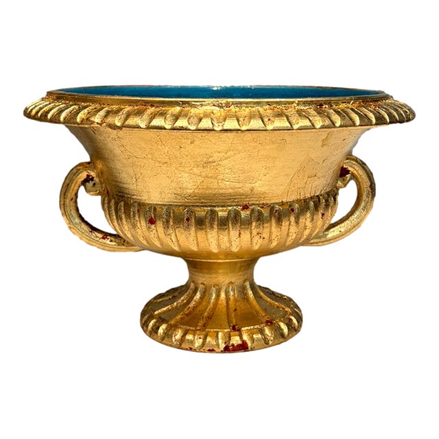Vintage Italian Gold Leaf Footed Urn Bowl With Blue Interior Signed & Numbered For Sale