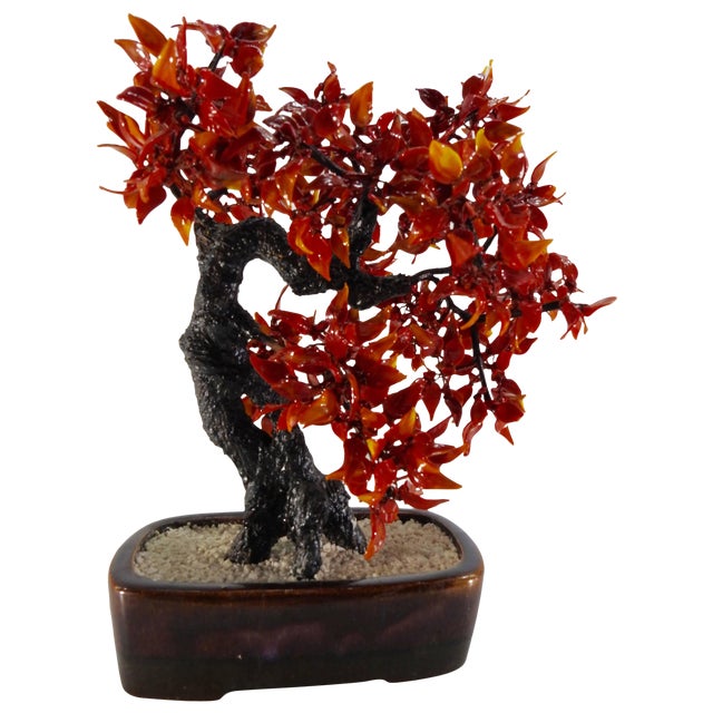 Vintage Chinese Polished Glass Leaves on Bonsai Tree For Sale