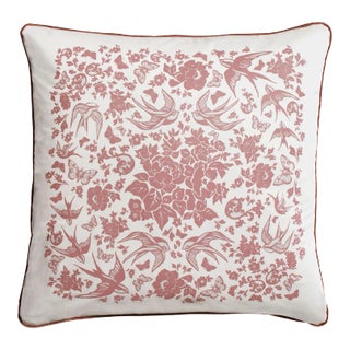 Swallow Garden Rose Pink and White 22" Throw Pillow With Velvet Back For Sale