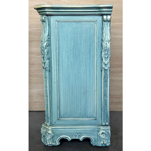 1950s Pair of Solid Wood Carved Turquoise Nightstands With Five Drawers, Signed For Sale - Image 10 of 13