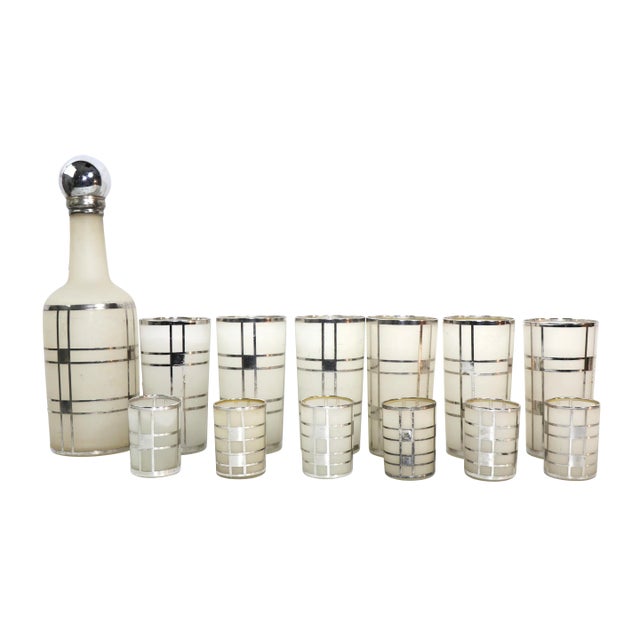 1930s Fostoria Silver Overlay Art Deco Bar Cocktail Set- 13 Pieces For Sale