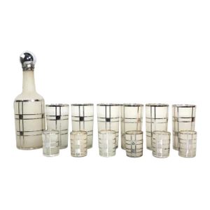 1930s Fostoria Silver Overlay Art Deco Bar Cocktail Set- 13 Pieces
