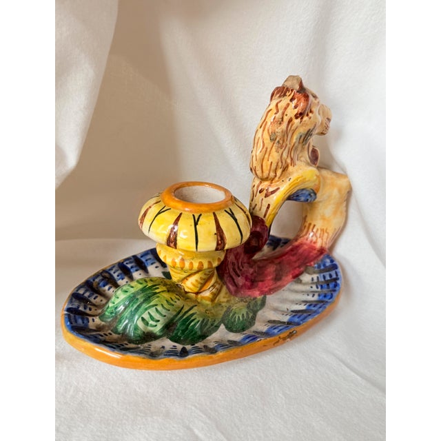1950s Vintage Mid-Century Modern, 1950s Italian Majolica Griffin Chambersticks, Hand-Painted Ceramic Pair For Sale - Image 5 of 16