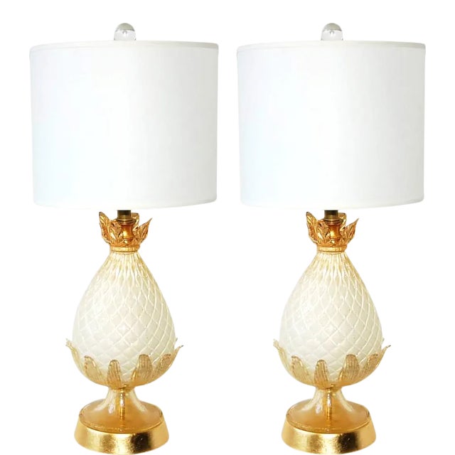 Vintage Murano Glass Quilted Pineapple Table Lamps in White and Gold - a Pair For Sale