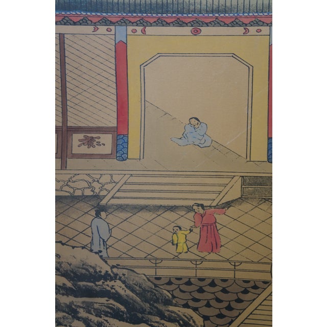 Chinese Painted Silk 4 Panel Folding Screen Dynasty Courtyard Black Lacquer 72" For Sale - Image 10 of 18