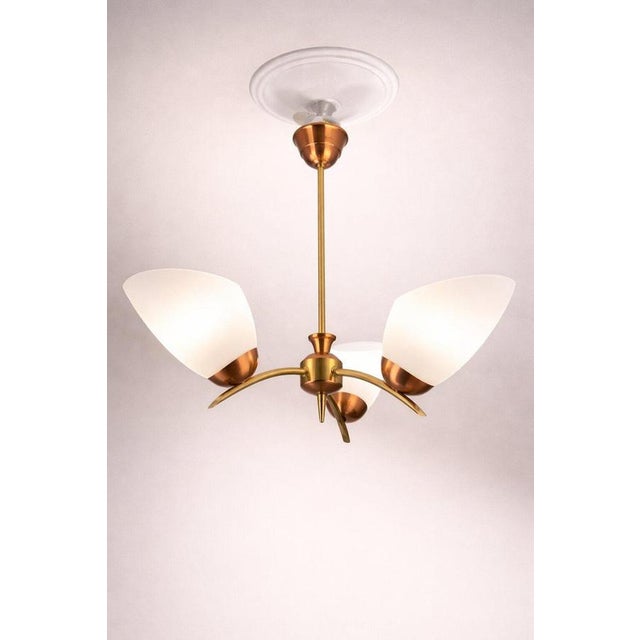 Mid-Century Swedish Brass and Copper Chandelier with Opaline Glass, 1950s For Sale - Image 4 of 9