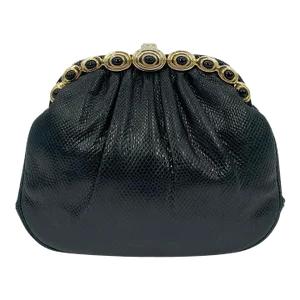 Judith Leiber Black Lizard Gold Top Black Stone Clutch