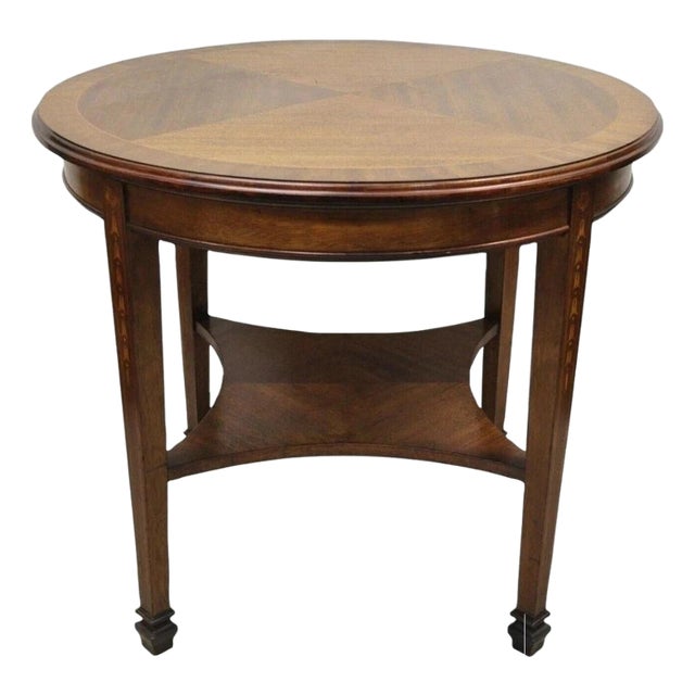 Antique English Edwardian Mahogany Bellflower Inlay Round Occasional Side Table For Sale