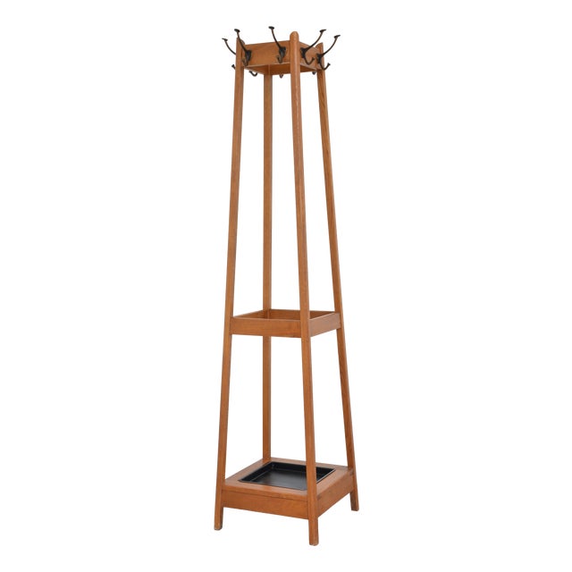 Mid-Century Modern Oak Coat Stand with Integrated Umbrella Holders and Drip Tray, 1950 For Sale