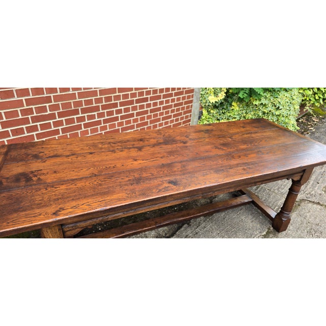Superb quality three plank oak dining table, turned legs with H stretcher, superb colour and condition. 8ft length 3ft...