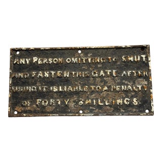 Vintage Cast Metal English Sign For Sale