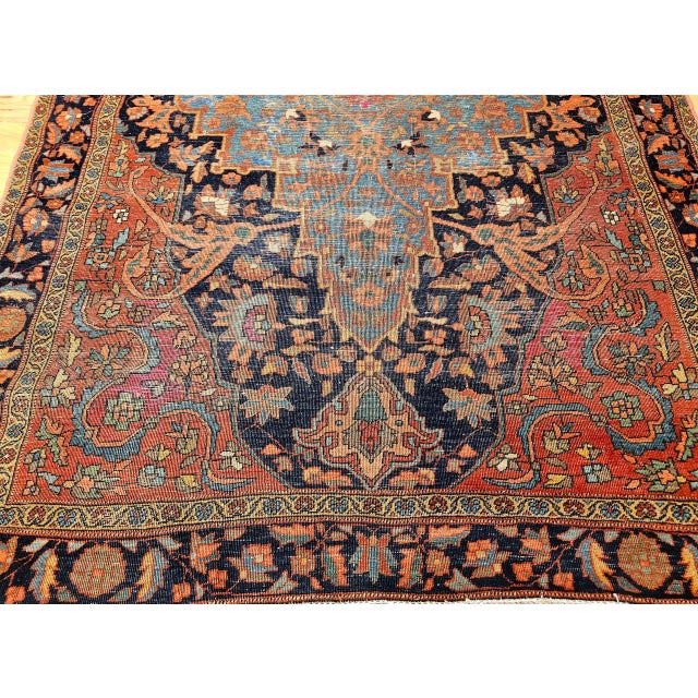 19th Century Farahan Rug, Hand-Knotted Wool, Floral Medallion Design, Blue & Red, 4x6 For Sale - Image 14 of 18