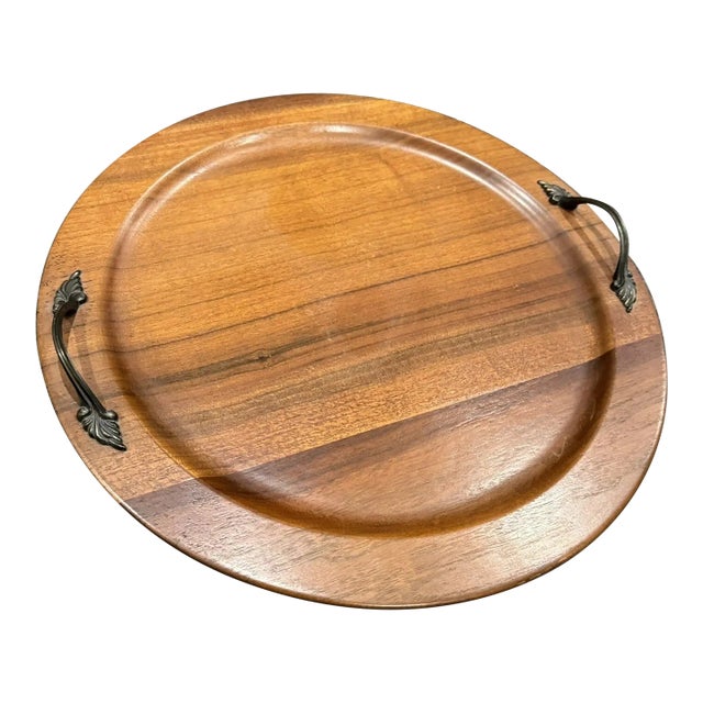 Vintage Ozark Walnutware Round Walnut Tray With Brass Handles For Sale