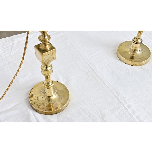 Vintage French Brass Candlestick Lamps - a Pair For Sale - Image 9 of 12