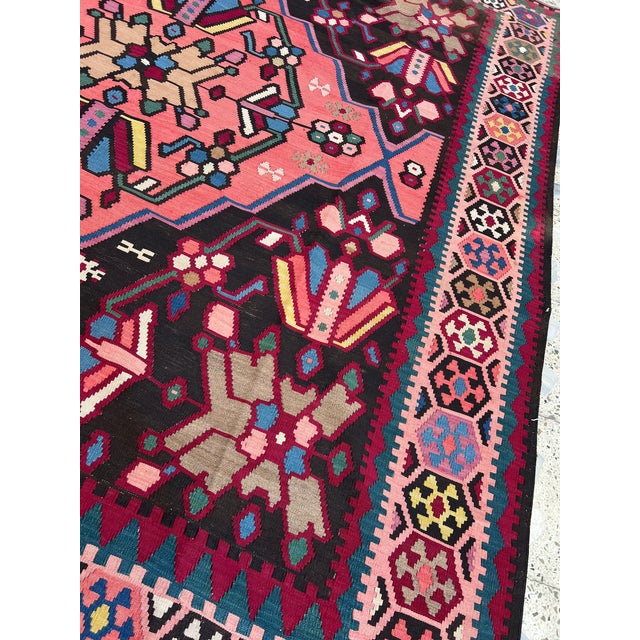 2000 - 2009 High Quality Pink Persian Shiraz Tribal Kilim Rug - 7'3" X 8'0" For Sale - Image 5 of 11