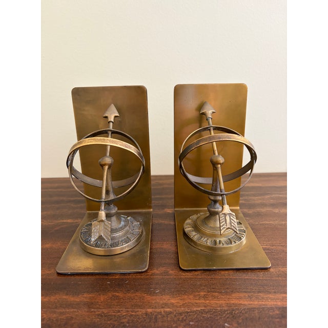 1980s Neoclassical Cast Brass Celestial Armillary Sundial Bookends, Pair For Sale In South Bend - Image 6 of 9