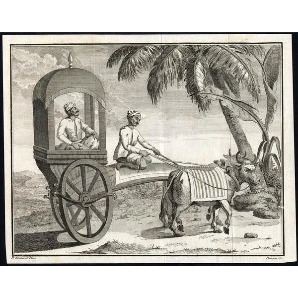 Untitled print of an oriental man, possible an Indian, in a small carriage pulled by oxen. This print originates from:...