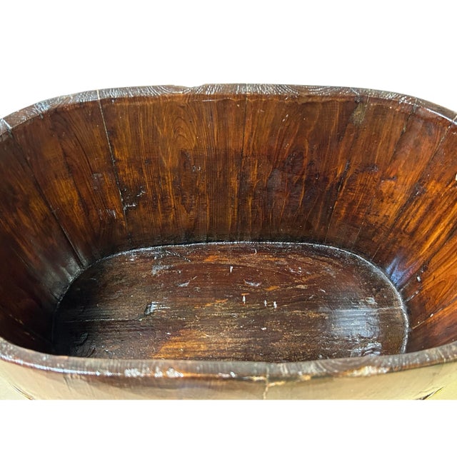 Vintage Chinese Rustic Brown Oval With Handle Wood Bucket For Sale - Image 9 of 10