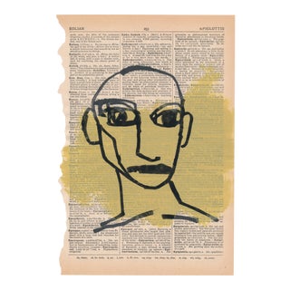 Contemporary Portrait Acrylic Ink Drawing on Vintage Paper For Sale