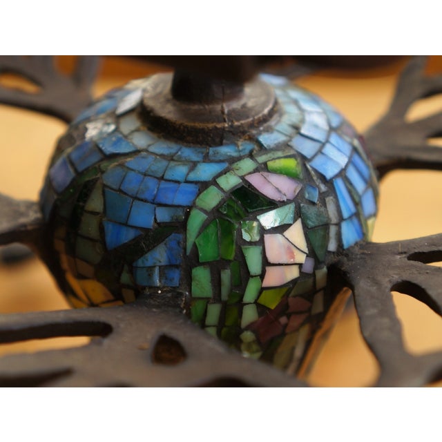 Vintage Tiffany-Style Cobweb Artisanal Lead Glass Lamp With Heavy Mosaic Base For Sale - Image 9 of 13