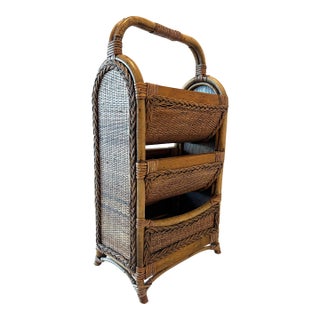 Mid Century Bamboo and Woven Rattan Three Tier Magazine Book Rack For Sale