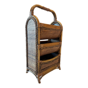 Mid Century Bamboo and Woven Rattan Three Tier Magazine Book Rack
