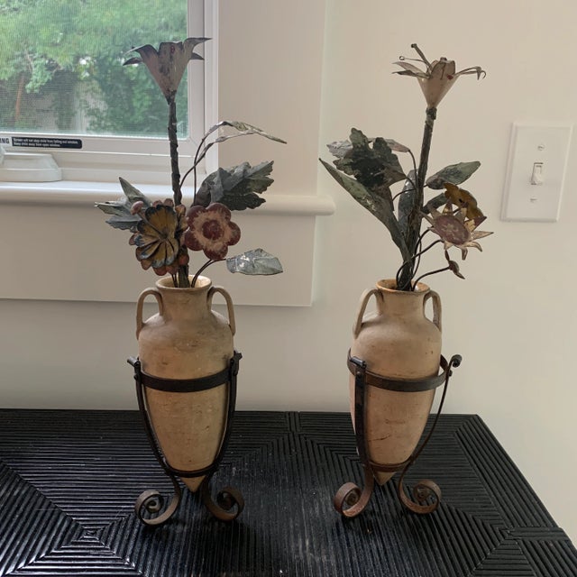 Antique French Tole Flowers in Pottery Urns- Pair For Sale - Image 9 of 9