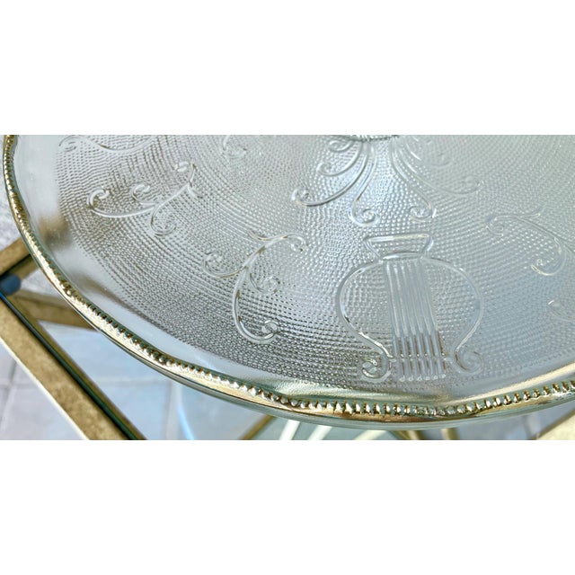 Circa 1950 Whimsical “Harp” Scalloped Gilt Edge Pedestal Cake Stand by Jeannette Glass For Sale - Image 15 of 18