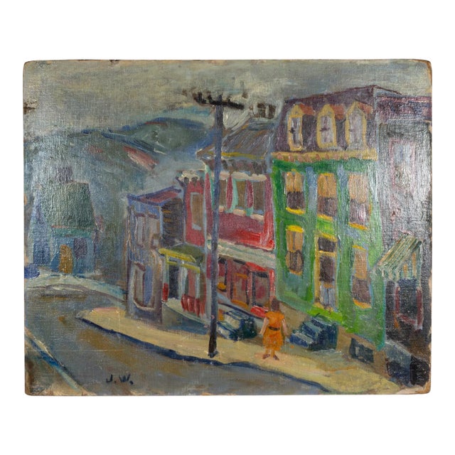 J W Street Scene, Oil on Canvas/Masonite Painting, Signed, 1940 For Sale