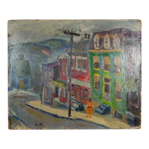J W Street Scene, Oil on Canvas/Masonite Painting, Signed, 1940