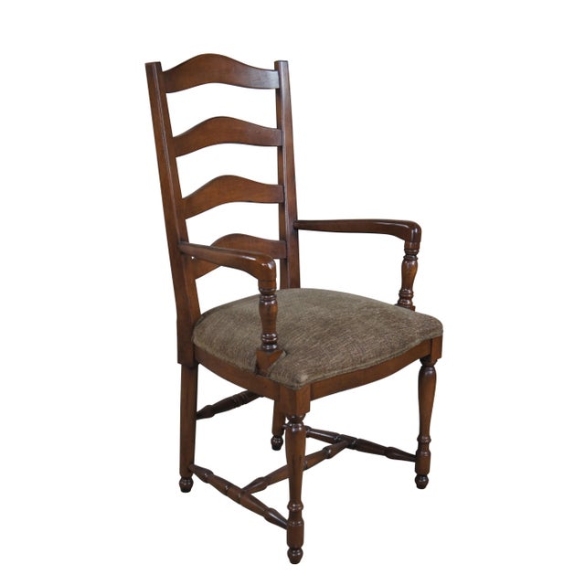 French Country Mid 20th Century Vintage Oak Country French Farmhouse Ladder Back Upholstered Dining Arm Chairs - Set of 4 For Sale - Image 3 of 12