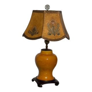 1940s Eggyolk Chinese &Terracotta Color Lamp With Custom Floral With Hand Painted Parchment Shade For Sale
